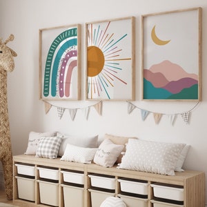 Boho Kinderzimmer Poster Set, Bunt Sonne Mond Wasserfarben, 3-er Set Wandbilder, Bilder Babyzimmer, Kunstdruck Baby Wanddeko b244