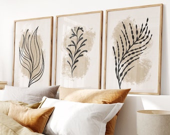 Abstracte muurdecoratie, set van 3 muurschilderingen met wilde bloemen, beige en zwarte slaapkamerposters, muurdecoratie, woonkamer, slaapkamerdecoratie b151