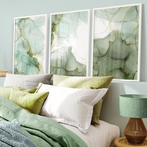 Set van 3 marmeren, saliegroene en gouden wanddecoraties, slaapkamerwanddecoratie, wanddecoratie, slaapkamerwanddecoratie b168