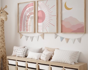 Boho Nursery Poster Set, Pink Sun Moon Watercolor, Set of 3 Wall Art, Girl's Baby Room, Art Print Baby Wall Decor b245