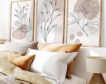 Set of 3 Minimalist Botanical Posters – Line Art Wall Art Beige – Modern Boho Wall Decor for Living Room and Bedroom b231