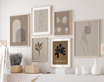 Wall art set of 6, Matisse posters, decoration, posters, bedroom, living room, beige, black poster set, abstract wall art b194