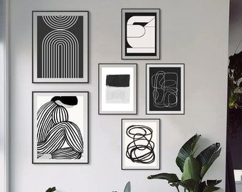 Wall art set of 6, Scandinavian decoration, posters, bedroom, living room, beige, black and white posters, abstract wall art b190