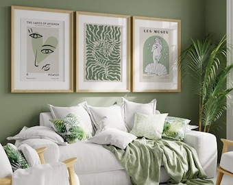 Modern wall art set of 3, display posters, sage green decor, green poster set, large wall art, living room, bedroom b155