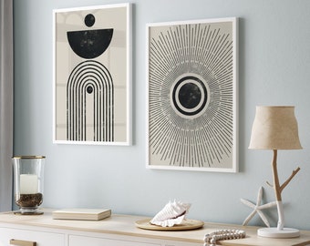Set van 2, Abstracte Boho Poster, Vintage Muurdecoratie, Tentoonstellingsposter, Moderne Muurdecoratie, Zwart-beige Muurdecoratie, Slaapkamer, b207