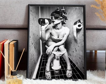 Bathroom wall art, living room poster, woman drinking on the toilet, girl on the toilet wall art, black and white wall art b247