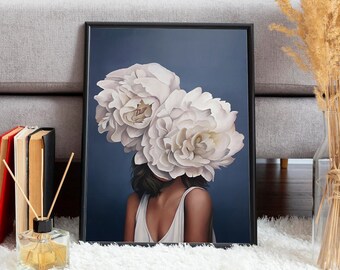 Arte murale per soggiorno, arte murale astratta, stampa artistica, arte murale raffigurante una donna con testa di fiore, camera da letto, poster per soggiorno, arte murale