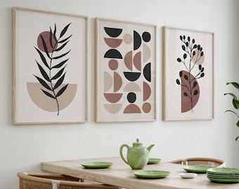 Set of 3 Boho Wall Art, Geometric Figures Beige, Terracotta Pictures, Boho Wall Posters, Living Room Poster Set, Bedroom Decoration b197