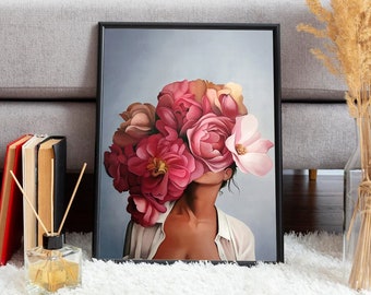 Arte astratta da parete per soggiorno, murales, stampa artistica, arte da parete con testa di fiore di donna, camera da letto, poster per soggiorno, arte da parete