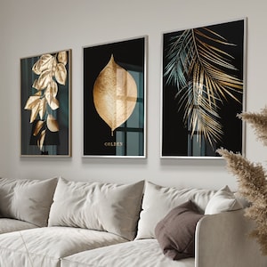 3er Poster Set Gold Schwarz – Botanische Wandbilder Modern – Luxus Wanddeko Wohnzimmer Schlafzimmer k111