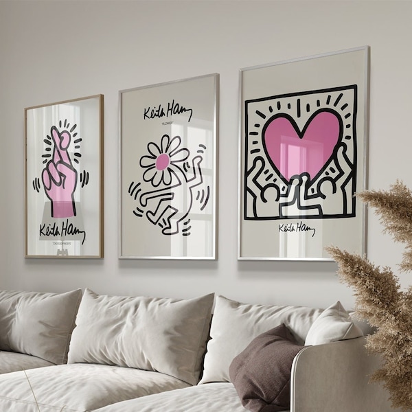 3er-Set, Keith Haring Kunst, Wohnzimmer Wandbilder, Pastellrosa Poster Set, Gallery Wall Set, Keith Haring Poster, Ausstellungsdruck b123