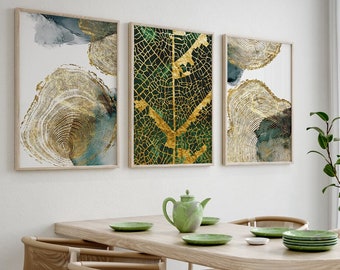 Set van 3 abstracte wanddecoraties met blad- en boomstamtextuur voor de woonkamer, abstracte groene en gouden wanddecoratie, slaapkamerdecoratie, modern k112