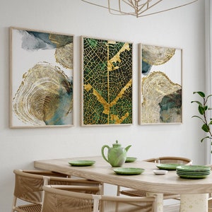 Set of 3 Leaf and Tree Trunk Texture, Abstract Mural Living Room, Abstract Mural Green-Gold, Bedroom Decoration, Modern k112