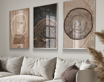 Set of 3 wall art pieces, tree rings, beige poster, tree, bedroom decor, living room art, abstract art prints, modern, neutral, abstract b209