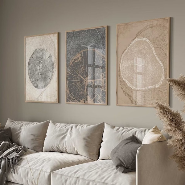 3er-Set Wandbilder Baumringe, Wohnzimmer Kunst, Abstrakte Kunstdrucke Modern Neutral Abstrakt, Beige Poster Baum Schlafzimmer Deko b161