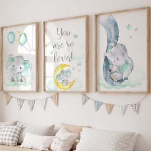 Kinderzimmer Poster Set, Elefanten, Wasserfarben, 3-er Set Wandbilder, Bilder BabyzimmerBlau Safari Tiere, Kunstdruck Baby Wanddeko  b240