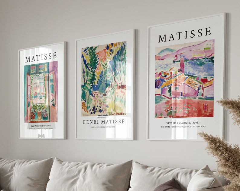 May include: Three framed art prints featuring the work of Henri Matisse. The prints are titled "Open Window, Collioure 1905", "Henri Matisse, Museum of Modern Art, New York", and "View of Collioure (1905), The State Hermitage Museum, St. Petersburg".