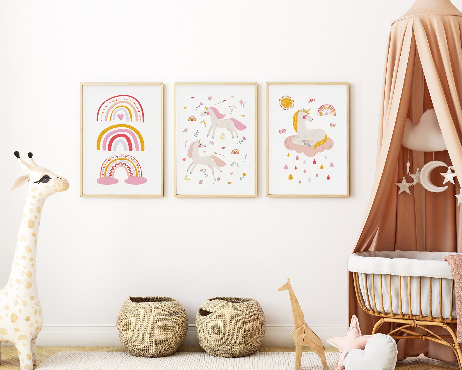 Lot De 3 Affiches Boho Fille - Licorne, Arc-en-Ciel | Déco Chambre Bébé 30x40cm