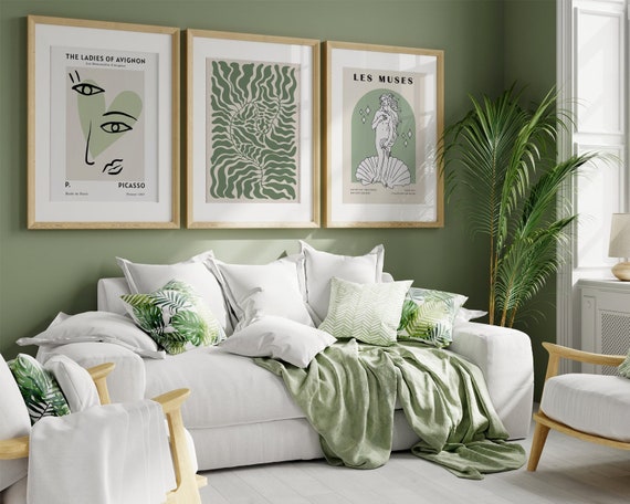 Moderne Wandbilder 3er-Set, Ausstellungsposter, Salbei Grün Deko, Grünes Poster Set, Große Wandbilder, Wohnzimmer, Schlafzimmer b155