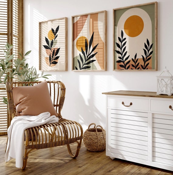 Boho Wandbilder 3er Set – Abstrakte Poster in Beige, Terrakotta & Salbeigrün | Moderne Kunstdrucke fürs Wohnzimmer (ohne Rahmen) b156