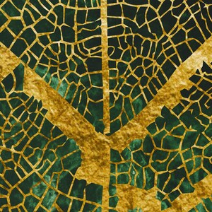 Puede incluir: Patr&oacute;n abstracto con un esquema de color dorado y verde. El patr&oacute;n est&aacute; formado por peque&ntilde;as formas irregulares que se asemejan a una red de venas o grietas. Las formas doradas est&aacute;n dispuestas en forma de V, mientras que las formas verdes est&aacute;n dispuestas de forma m&aacute;s aleatoria.