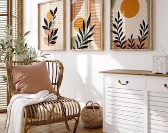 Boho Wall Art Set of 3 – Abstract Posters in Beige, Terracotta & Sage Green | Modern Art Prints for the Living Room (Unframed) b156