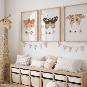 Kinderzimmer Boho Poster Set, 3-er Set Wandbilder, Wasserfarben Schmetterlinge, Bilder Babyzimmer Mädchen Zimmer Dekor, Kunstdruck  b236
