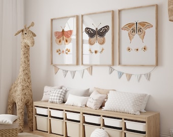 Boho Children's Room Poster Set, 3-Piece Wall Art Set, Watercolor Butterflies, Pictures for Baby Girl's Room Decor, Art Print b236