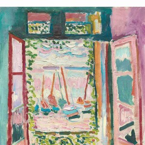 May include: A painting of a window with a view of a harbor with sailboats. The window is open and the sailboats are in the distance. The painting is done in a style reminiscent of Henri Matisse.