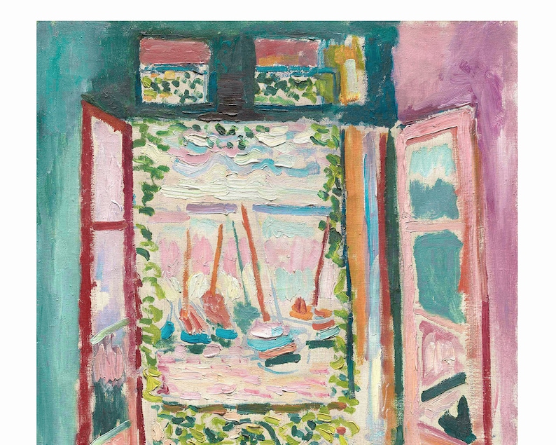 May include: A painting of a window with a view of a harbor with sailboats. The window is open and the sailboats are in the distance. The painting is done in a style reminiscent of Henri Matisse.
