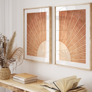 2er-Set Terrakotta Wandbilder, Wandbilder Wohnzimmer, Boho Sonne Wandkunst, Moderne Poster, Schlafzimmer Poster b225