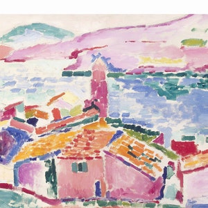 May include: A colorful abstract painting depicting a seaside town with a pink and orange building in the foreground. The background features a blue and green sea with pink and green hills.