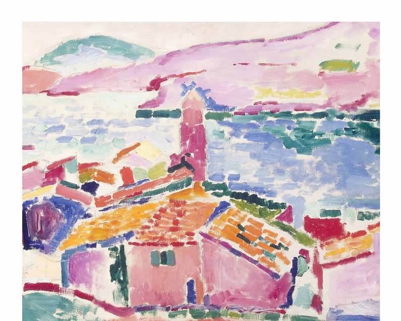 May include: A colorful abstract painting depicting a seaside town with a pink and orange building in the foreground. The background features a blue and green sea with pink and green hills.