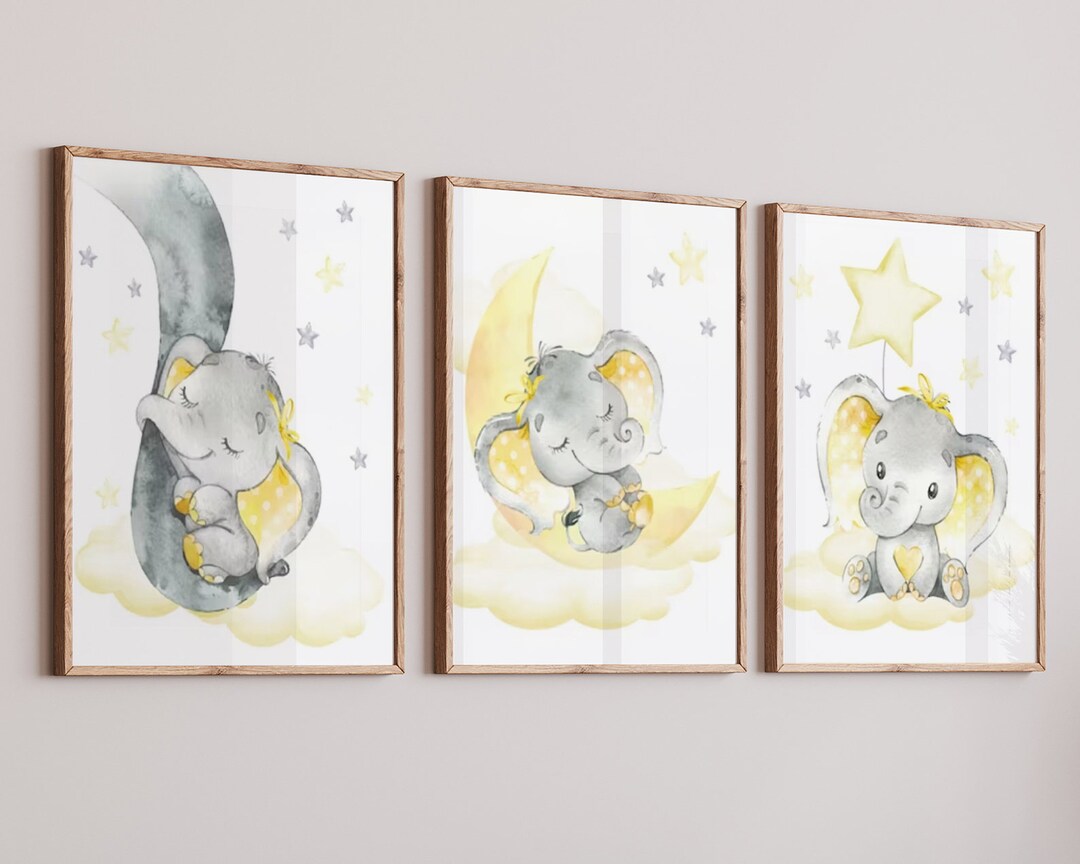 Nursery Poster Set Elephants Watercolor Set of 3 Wall Art Pictures Baby ...