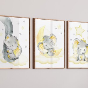 Kinderzimmer Poster Set, Elefanten, Wasserfarben, 3-er Set Wandbilder, Bilder Babyzimmer Deko Safari Tiere, Kunstdruck Baby Wanddeko  b239