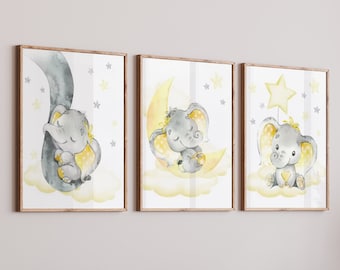 Kinderzimmer Poster Set, Elefanten, Wasserfarben, 3-er Set Wandbilder, Bilder Babyzimmer Deko Safari Tiere, Kunstdruck Baby Wanddeko  b239