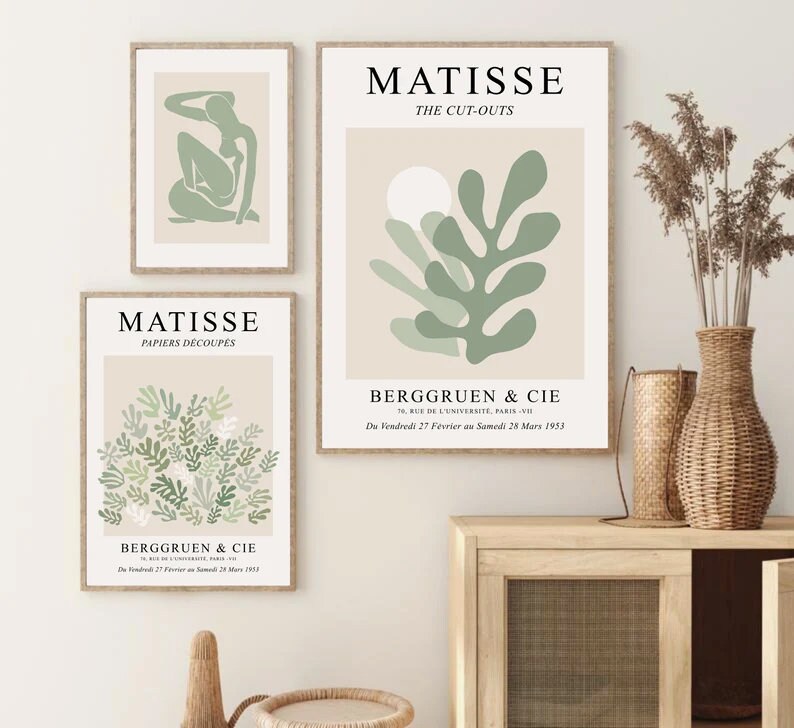 May include: Three minimalist art prints featuring green and white abstract shapes with the text "MATISSE" and "THE CUT-OUTS" on a beige background.