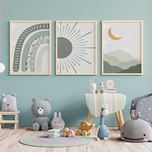 Set di poster per la cameretta dei bambini Boho, acquerelli Sun Moon, set di 3 immagini da parete, immagini della cameretta dei bambini, stampa artistica della decorazione della parete del bambino b241