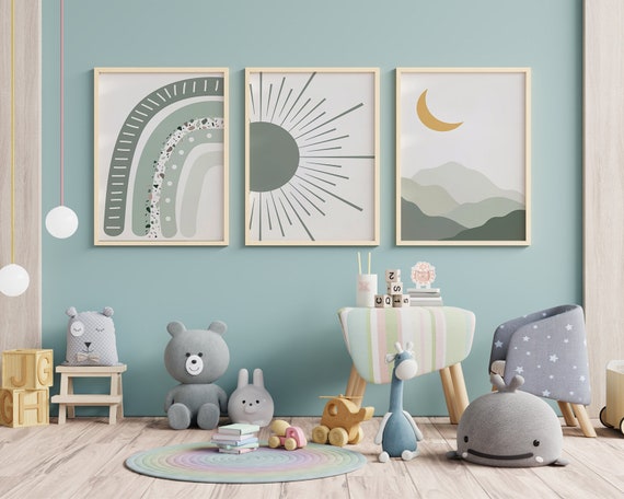 Boho Kinderzimmer Poster Set, Sonne Mond Wasserfarben, 3-er Set Wandbilder, Bilder Babyzimmer, Kunstdruck Baby Wanddeko b241