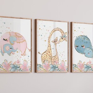 Kinderzimmer Poster Set, Rosa Bilder, 3-er Set Wandbilder, Mädchen Babyzimmer, Baby Geschenk Tiere, Kunstdruck Baby Wanddeko b246