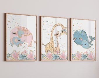 Ensemble d'affiches de pépinière, images roses, ensemble de 3 images murales, chambre de bébé filles, animaux de cadeau de bébé, décoration murale de bébé d'impression d'art b246