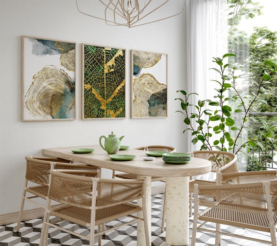 3er-Set Blatt und Baumstamm Textur, Abstraktes Wandbild Wohnzimmer, Abstraktes Wandbild Grün-Gold, Schlafzimmer Dekoration, Modern k112