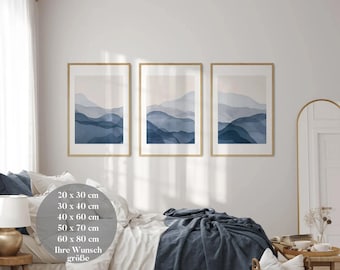 Set of 3 posters, watercolor wall art, large wall art, living room, navy blue wall art, blue abstract wall art, abstract art a101