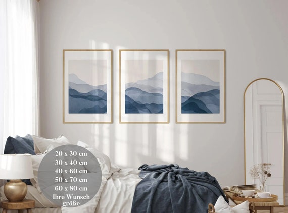 3er-Set Poster, Aquarell Wandbilder, große Wandbilder, Wohnzimmer, marineblaue Wandbilder, blaue abstrakte Wandbilder, abstrakte Kunst a101