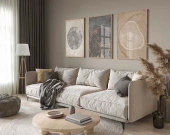 Set van 3 wanddecoraties, boomringen, kunst voor de woonkamer, abstracte kunstprints, moderne neutrale abstracte stijl, beige poster met boommotief, slaapkamerdecoratie b161