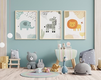 Boho Nursery Poster Set, Nursery Animal Posters, Set of 3 Wall Art, Baby Room Pictures, Art Print Baby Wall Decor b262