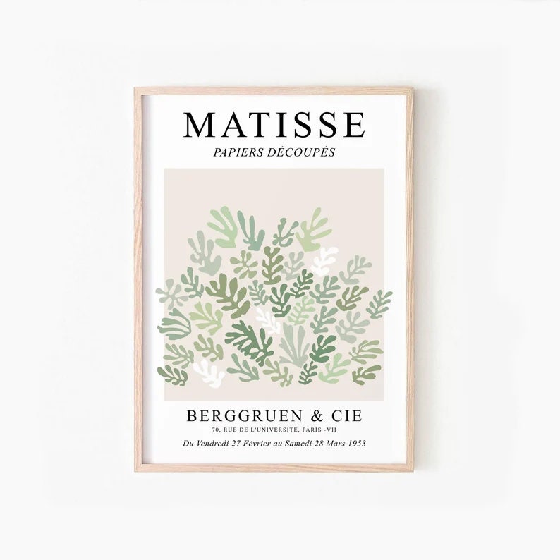 May include: A poster featuring a green and white abstract art print by Henri Matisse. The poster is titled "Matisse Papiers D&eacute;coup&eacute;s" and includes the text "Berggruen & Cie 70, Rue de l'Universit&eacute;, Paris-VII Du Vendredi 27 Fevrier au Samedi 28 Mars 1953".