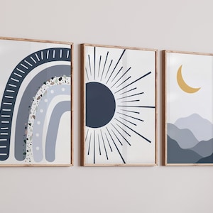 Boho Kinderzimmer Poster Set, Blau Sonne Mond Wasserfarben, 3-er Set Wandbilder, Bilder Babyzimmer, Kunstdruck Baby Wanddeko b242
