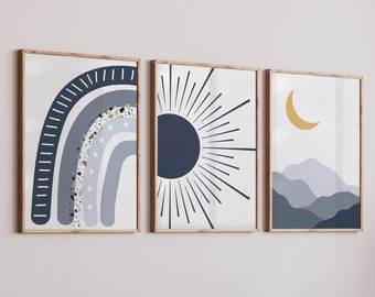 Boho Nursery Poster Set, Blue Sun Moon Watercolor, Set of 3 Wall Art, Baby Room Pictures, Art Print Baby Wall Decor b242