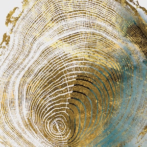 Puede incluir: Impresi&oacute;n art&iacute;stica abstracta con un patr&oacute;n de anillos de &aacute;rbol dorado y azul. Los anillos son c&iacute;rculos conc&eacute;ntricos sobre un fondo blanco.